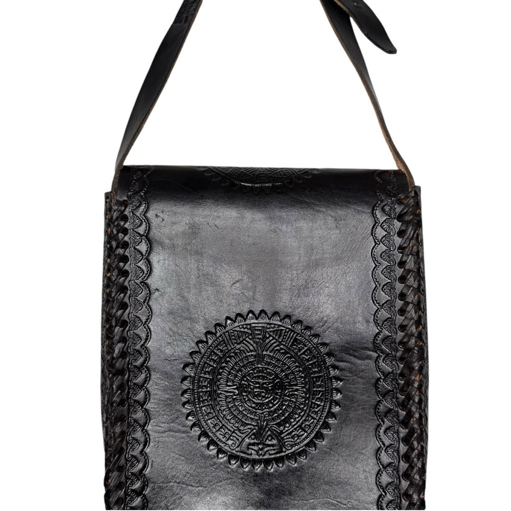 Hand Tooled Mexican Leather Crossbody Bag Black Artisan Boho Satchel OS - Picture 4 of 10